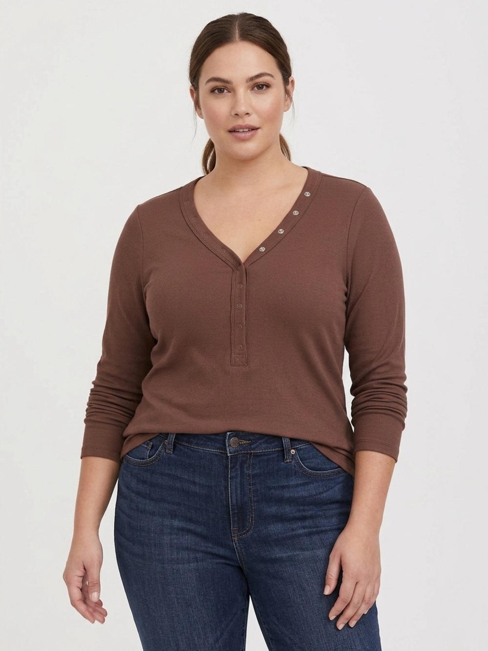 torrid Chocolate Brown V-Neck Henley Long Sleeve Top